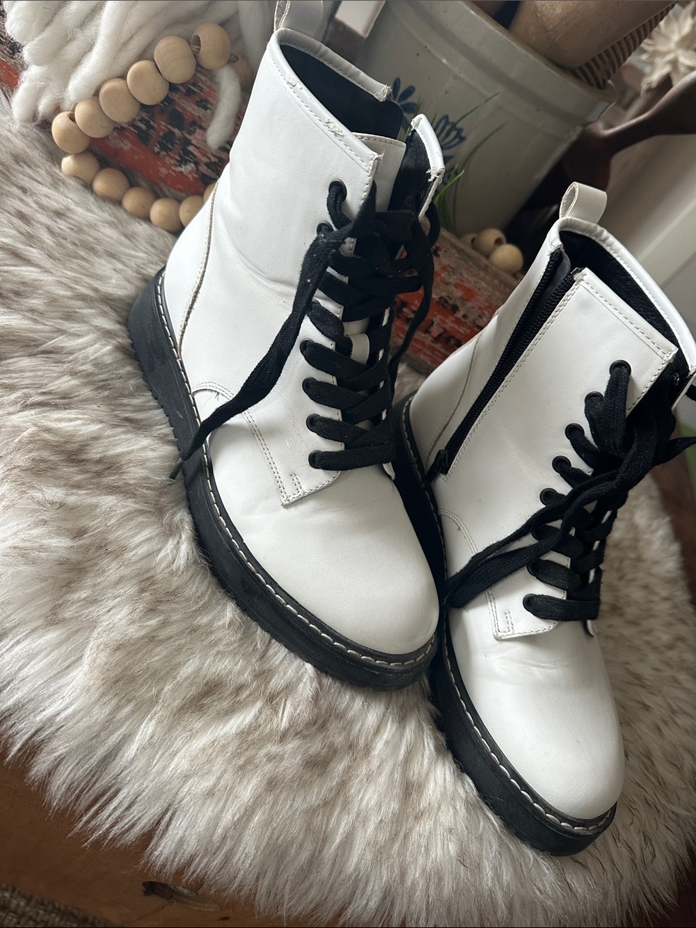 Madden girl … White Lace-Up Combat Boots with Black Soles